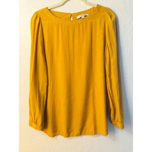 LOFT Mustard Yellow Long Sleeve Blouse Puff Shoulder Keyhole Back Size M
